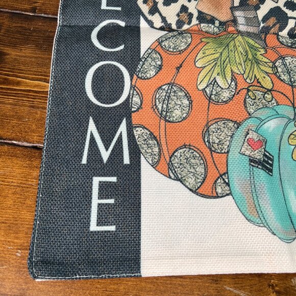 Welcome Autumn Fall Harvest Pumpkin Garden Flag Leopard Polka Dot & Teal Design - Picture 5 of 9